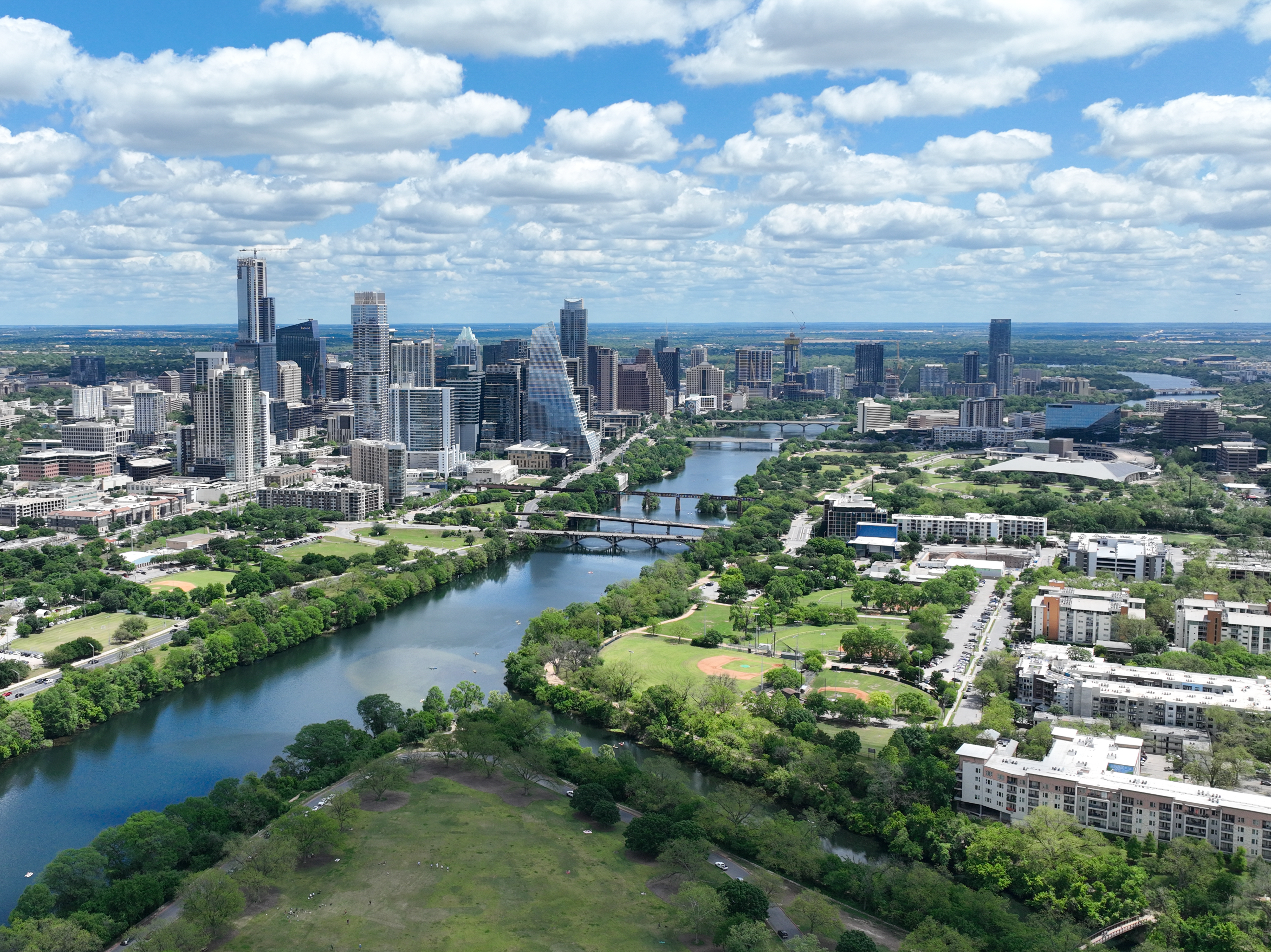 In an aerial view, the downtown skyline is seen on April 11, 2023 in Austin, Texas. (Photo by Brandon Bell/Getty Images)